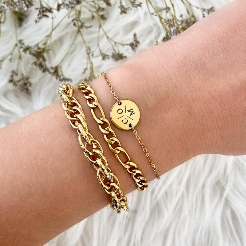 Gouden schakelarmbanden armparty combinatie