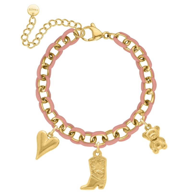 Roze chain armband met trendy bedels in het goud