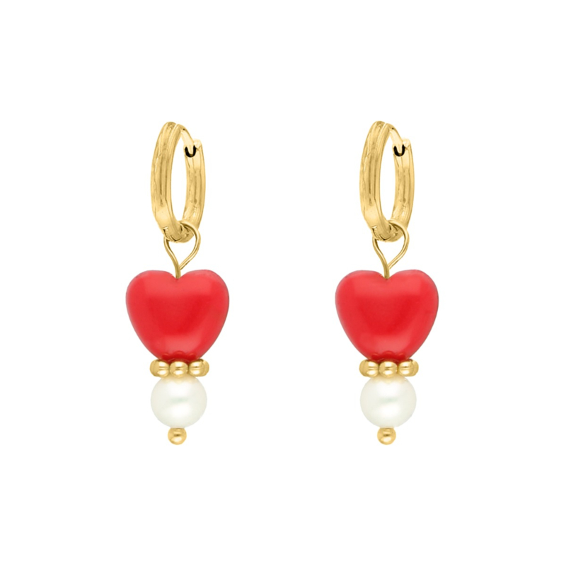 Red heart & pearl earrings goudkleurig