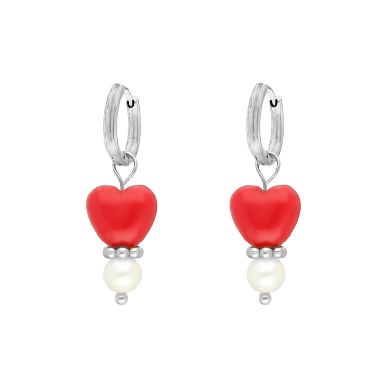 Red heart & pearl earrings