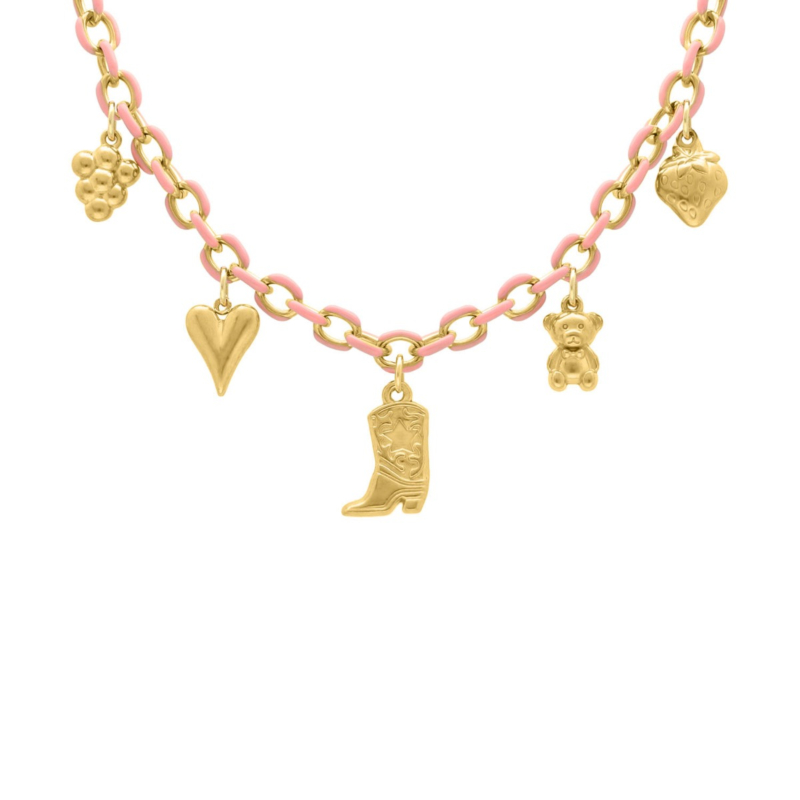 Roze chain ketting met bedels in het goud