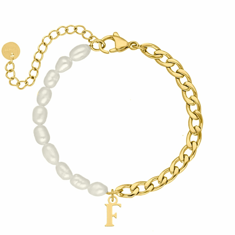 Initial armband chain & pearl kleur goud