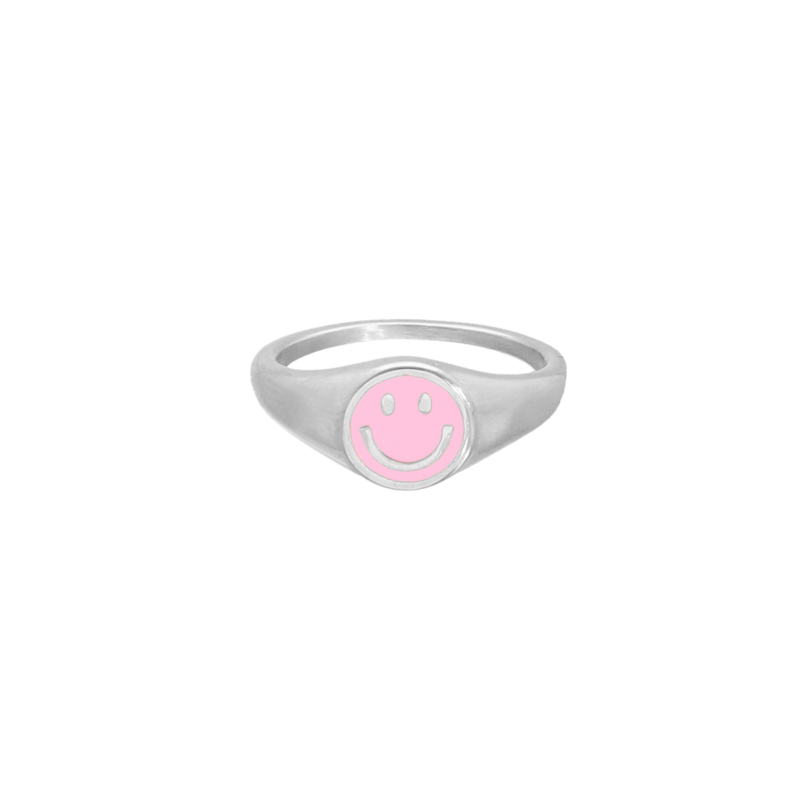 Zilveren ring met roze smiley 