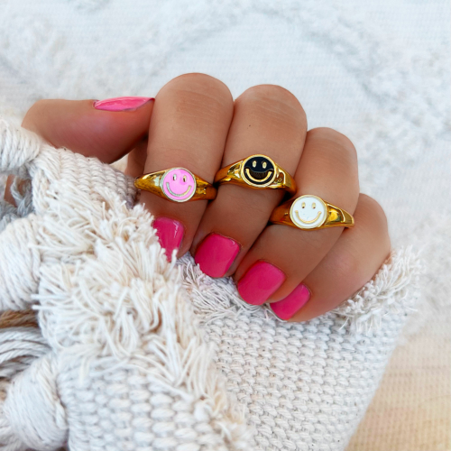 Smiley Ring Zwart Goldplated