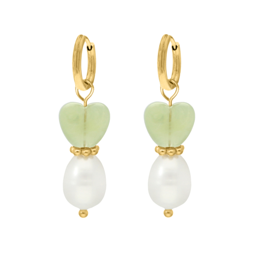 Oorbellen heart &amp; pearl groen goudkleurig