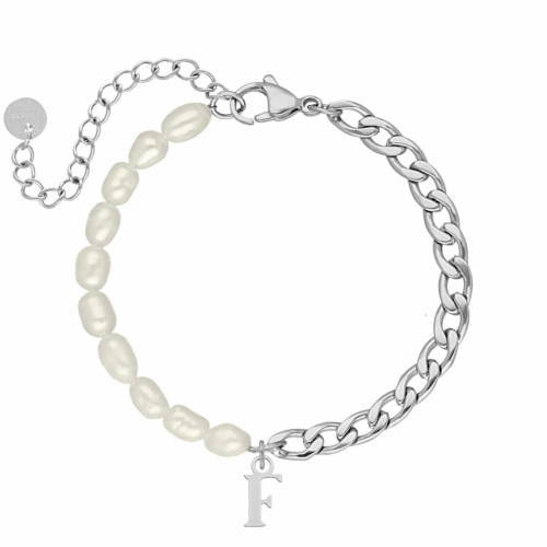 Initial armband chain &amp; pearl kleur zilver