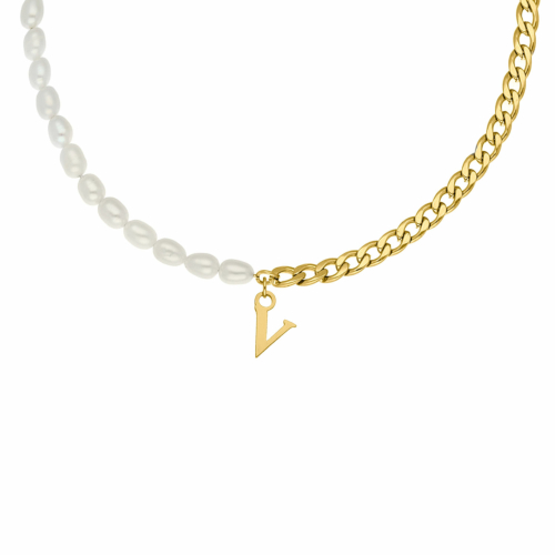 Initial ketting chain &amp; pearl kleur goud