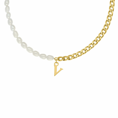 Initial ketting chain & pearl kleur goud