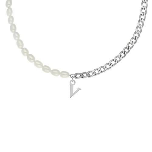 Initial ketting chain &amp; pearl kleur zilver